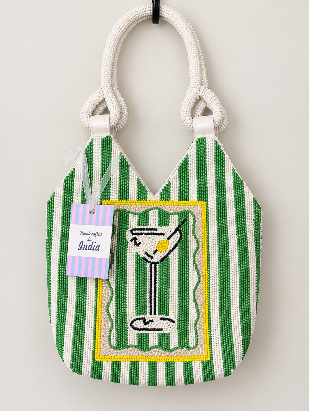 Green & White Beaded Cocktail Tote - Handcrafted
